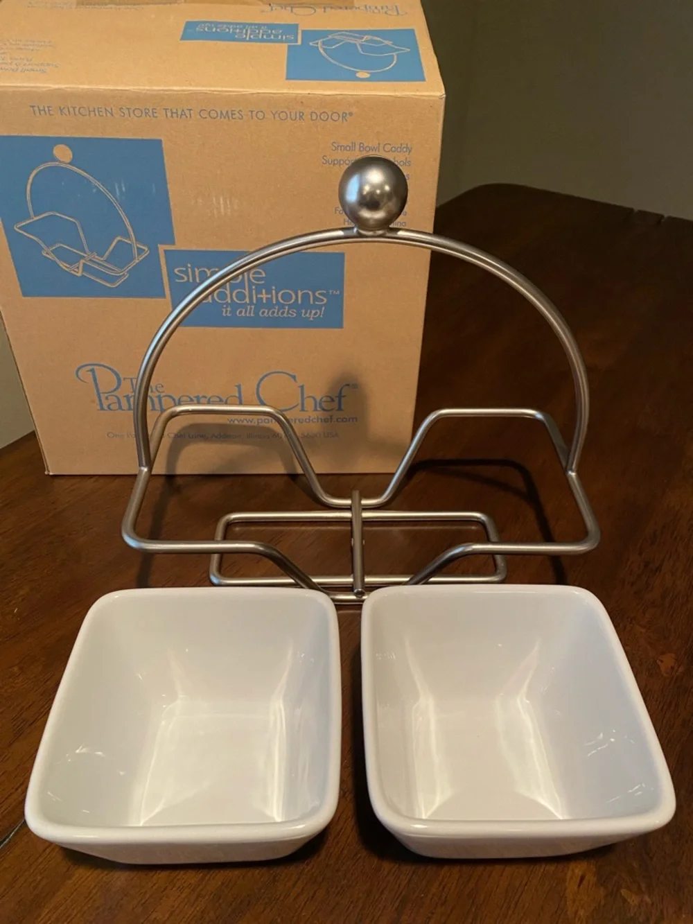 NIB- The Pampered Chef White Ceramic Double Serving Dishes w/ Silver Metal Stand